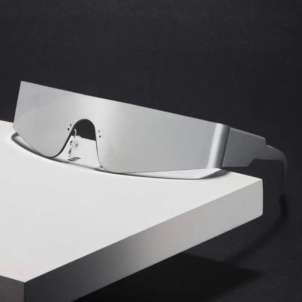 Futuristic Silver Shield Sunglasses Rimless Mirror Wrap Around Cyber Y2K Shades
